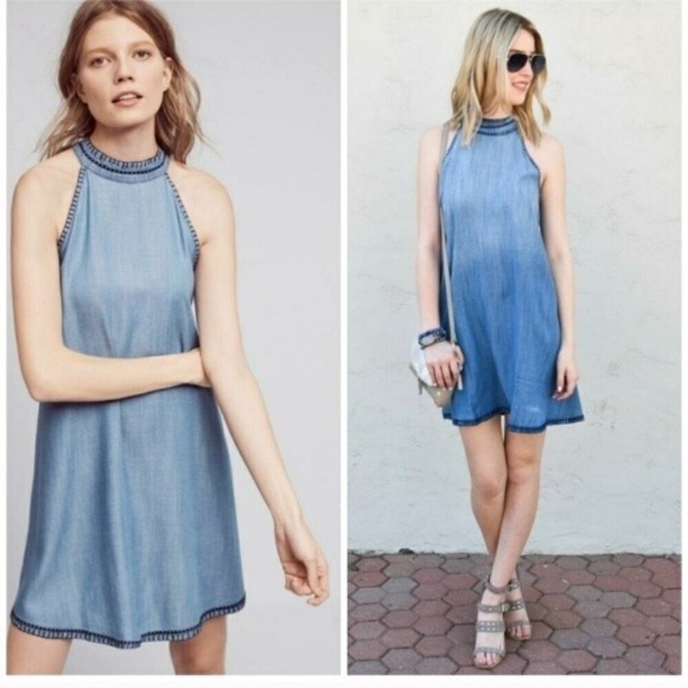 Anthropologie Cloth & Stone Chambray High Neck Dress Xs